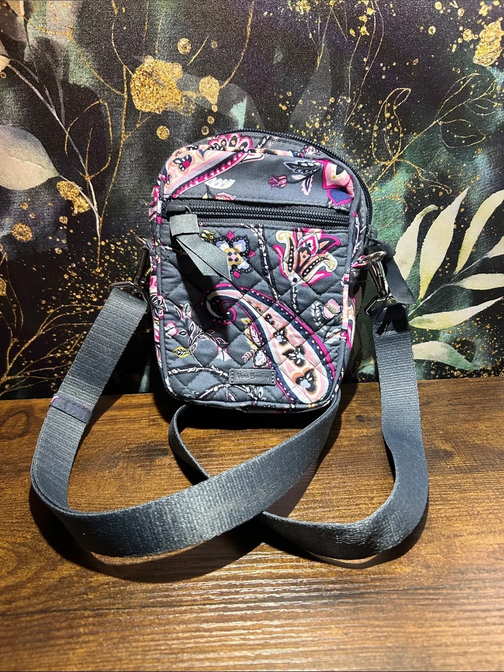 Vera Bradley Quilted Paisley Crossbody in Gray with Pink & Purple Accents